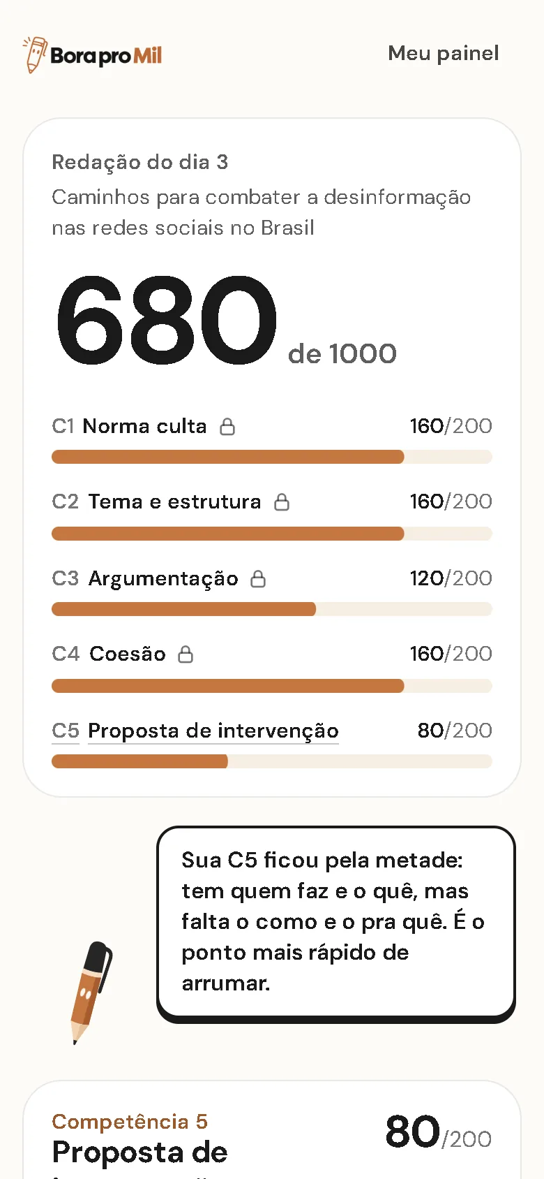 Tela do Bora pro Mil: nota por competência