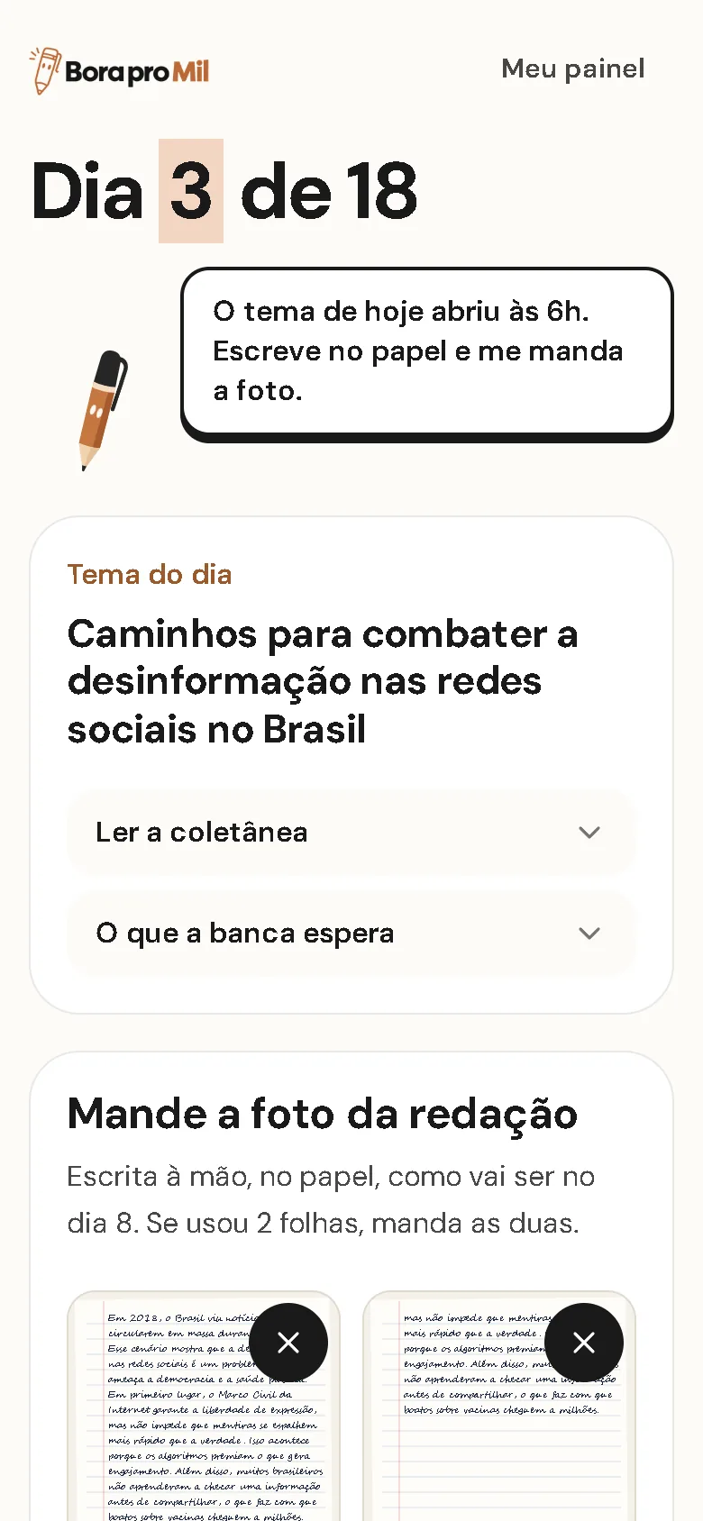 Tela do Bora pro Mil: foto da folha