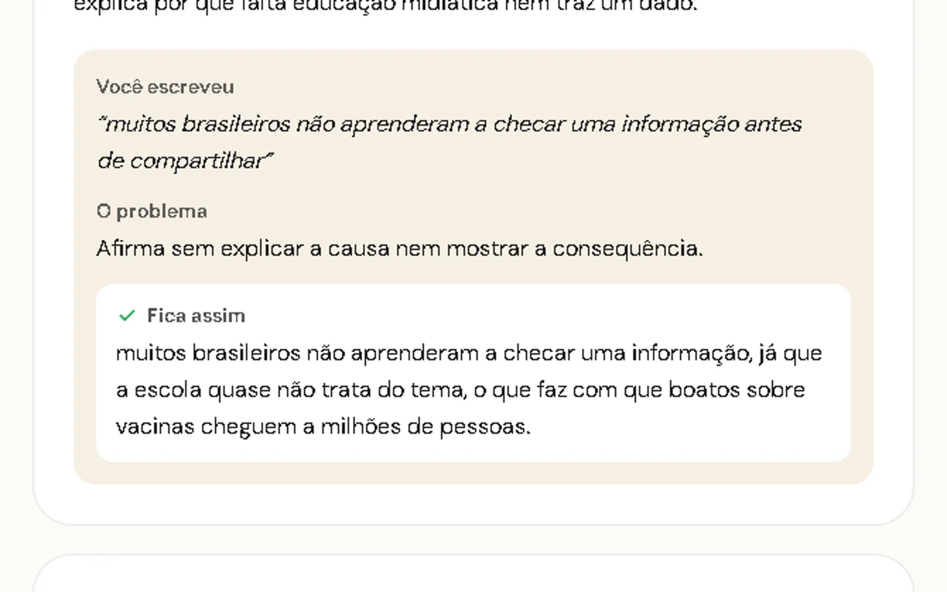 Tela do Bora pro Mil: erros marcados na redação